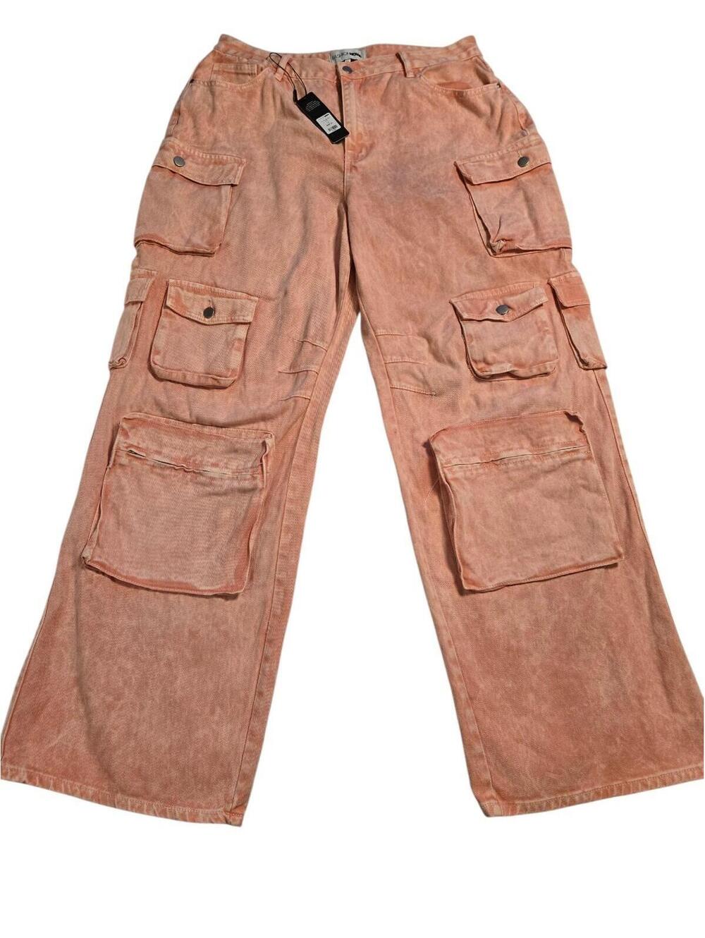 Fashion Nova Lily High Rise Cargo Jeans Pink Acid Wash Wide Leg Pockets Size 14